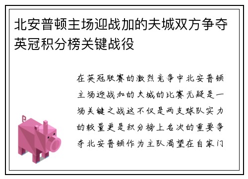 北安普顿主场迎战加的夫城双方争夺英冠积分榜关键战役